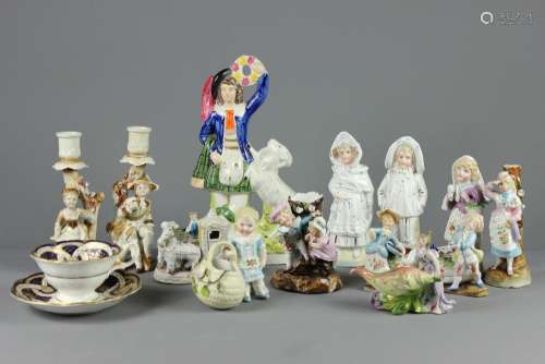 A Collection of Miscellaneous Porcelain Figures; including two candlestick holders, shepherdess, a 