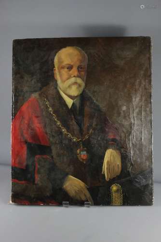 An Oil on Canvas Portrait of a Gentleman; the painting depicting a gentleman in formal Mayoral robes and chain, approx 65 x 76 cms, unsigned and unframed