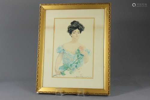 After Howard Chandler Christy Print, with hand painted body colour, depicting a young woman, approx 18 x 26 cms, framed and glazed