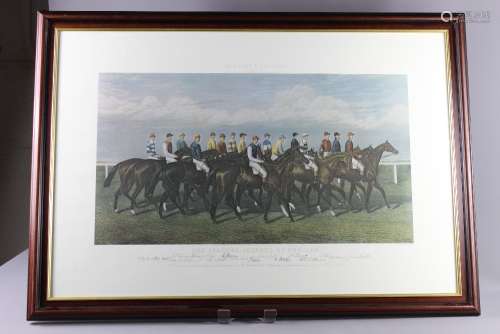 McQueens Racing Print, entitled 'Our Leading Jockeys of the Day', engraved by Edward Gilbert Hester, with sixteen facsimile signatures of the jockeys illustrated, approx 70 x 110 cms, framed and glazed together with two hand-coloured etchings after Tudovici entitled 'The Election at Eatanswill' and 'The Pickwickman's on the Road to Dingley Dell, framed and glazed