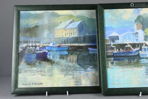 Michael B Edwards (1939-2009) Bristol Artist; two paintings depicting two harbour scenes, approx 30 x 30 cms, framed