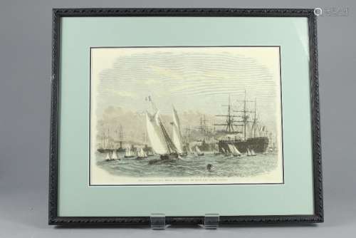 Two Coloured Engravings entitled 'The International Naval Festival at Portsmouth: THe French Fleet Leaving Spithead' and the other 'The Naval Review - The Queen's Yacht Leaving Portsmouth Harbour' sketched by R