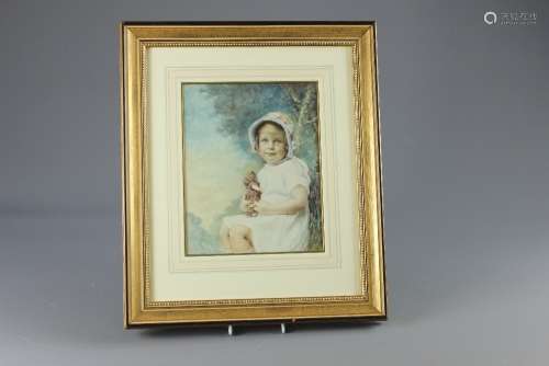 A Fine Watercolour Portrait; the portrait depicting a little girl seated wearing a sunhat clutching her doll, approx 20 x 24 cms, glazed and framed