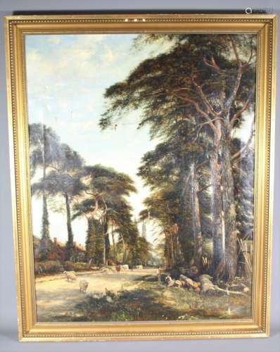 19th Century Oil on Canvas, depicting a pastoral scene in dappled light, signed lower right Hutchison (illegible), approx 68 x 89 cms, framed