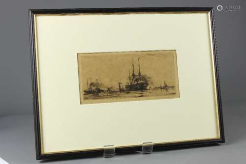 Frank Henry Mason RI (1876-1965) Drypoint Etching, entitled 'HMS Ganges II at Harwich', signed and titled in the lower margin, approx 26 x 13 cms
