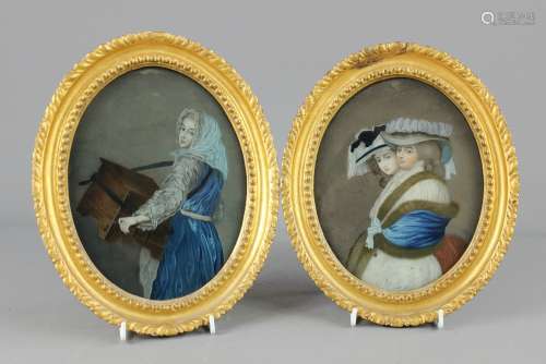 Two Antique Oval Portraits on Glass, the first depicting two young ladies, the other an organ grinder girl, both approx 15 x 20 cms, glazed and framed