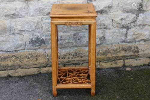 A Chinese Hardwood Torchere; having decorative base, square legs, approx 37 x 38 x 77 cms
