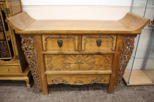 A Chinese Hardwood Altar Table, with scroll top; decorative carving to sides and front, two drawers, approx 142 x 51 x 98 cms