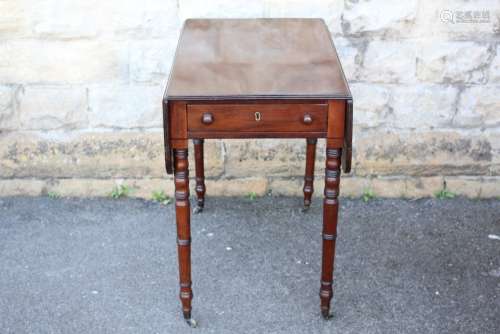 Antique Mahogany Pembroke Table, with a drawer and another imitation front, supported on bobbin legs with brass castors, approx 48 x 80 x 72 cms each drop leaf approx 80 x 23 cms
