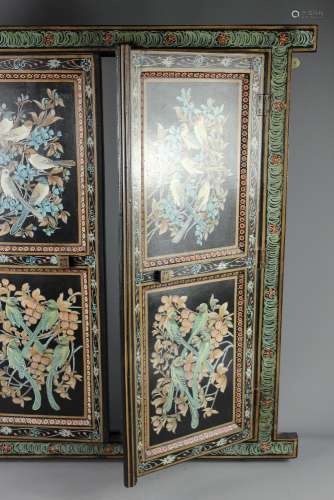 A Pair of Decorative Window Shutters, each panel hand painted with birds, approx 75 w x 70 h