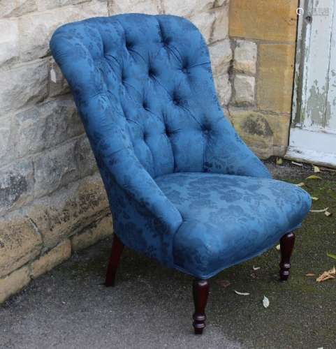 A Button-back Blue Slipper Chair; the chair on cabriole legs approx 74 x 90 cms