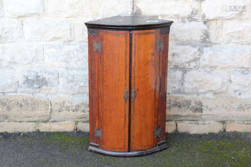 An Antique Mahogany Corner Cupboard; the cupboard having decorative inlay with shelved interior, approx 51 w x 36 x 82 h cms