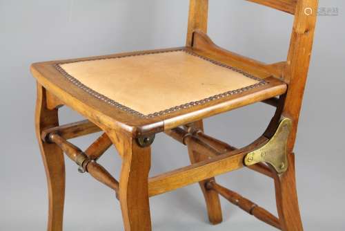Antique Fruitwood Folding Mahogany Campaign Chair, with tan leather seat and brass fittings