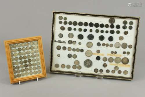 Archaeological Finds - Framed Collection of Roman Copper and Bronze Coins approx 31 in total, together with coins relating to various English Reigns including Edward I, Henry II, Edward III, Henry IV, Elizabeth I, James I, Venetian Soldino (Galley Halfpence), Charles I, George III Cumberland Jack, William III together with a small quantity of Victoria, George V and George VI coins