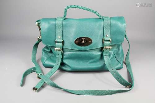 A Green Leather Mulberry Handbag, the satchel design have brass fittings with plaited lizard effect straps, handle and shoulder straps, approx 40 x 30 x 13 cms