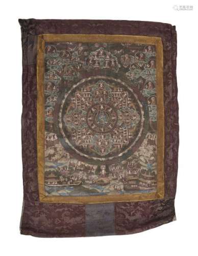 Tanka figurant Bouddha et ses acolytes, Tibet, XIXe s - Pigments sur papier et [...]