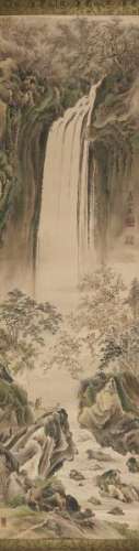 Ecole Chinoise, XIXe s - Paysage, encre et aquarelle sur papier monté en rouleau, [...]