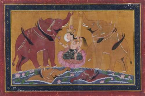 Ecole indienne  - Miniature figurant une divinité au bain avec des éléphants, [...]