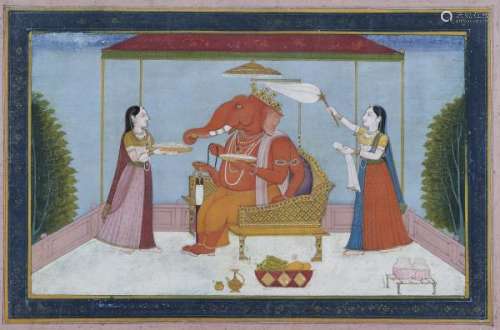 Ecole indienne - Miniature figurant Ganesh avec deux servantes, pigments sur papier, [...]