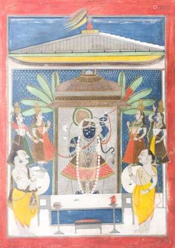 Ecole de Nadthwara, fin XIXe s - Grande miniature figurant Krishna enfant, pigments [...]