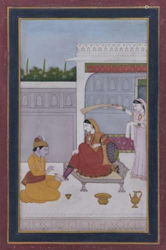 Ecole de Kangra ou Guler, Inde - Jeune femme et serviteurs, pigments sur papier, [...]