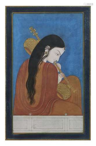 Ecole de Kangra, Inde, Haut Pendjab - Jeune femme jouant d'un instrument, pigments [...]