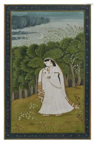 Ecole de Kangra, Inde, Haut Pendjab - Jeune femme au clair de lune, pigments sur [...]