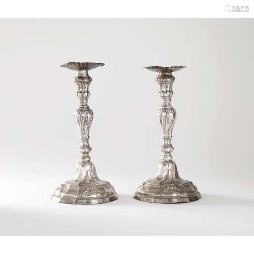 PAIR OF SILVER FLAMBLE, YPRES, 1787, on a round ba…