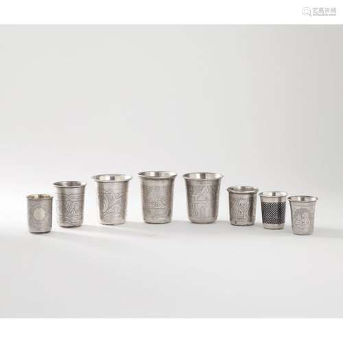 SET OF EIGHT TIMBALS AND VODKA GLASSES IN SILVER, …