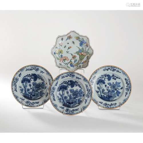 THREE FAÏENCE, DELFT, 18th century plates decorate…