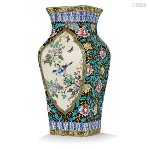 VASE WITH SQUARE SECTION IN FAÏENCE WITH BIRDS AND…