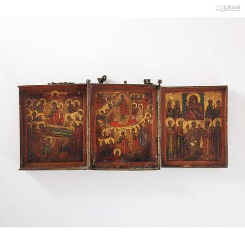 TRIPTYCH ICON, 18th century in gilded bronze, with…