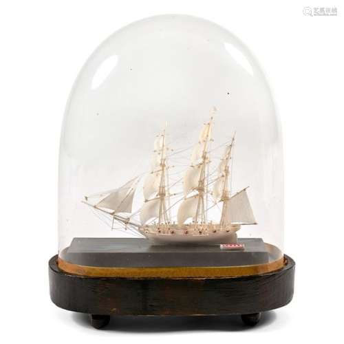 SMALL MODEL OF A THREE MASTED IVORY BOAT. Fine wor…
