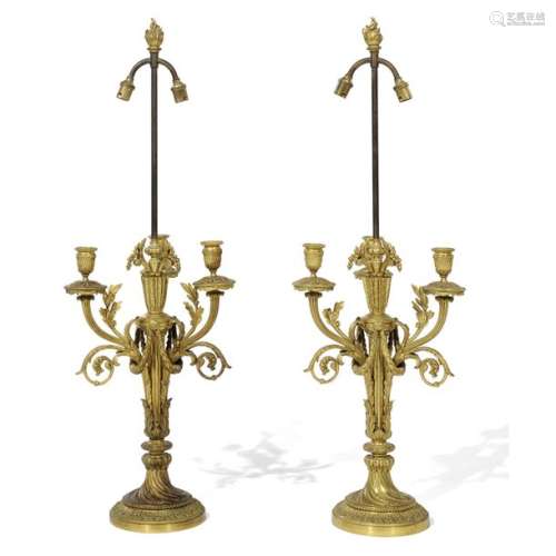 PAY OF THREE LIGHT CANDELABERS IN GOLDEN BRONZE, S…