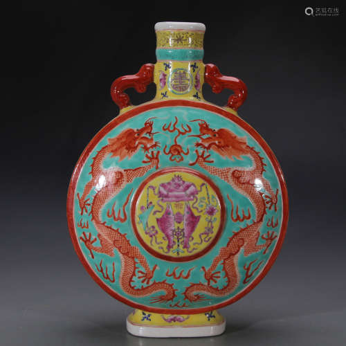 A Chinese Yellow Ground Famille-Rose Porcelain Vase with Double Ears