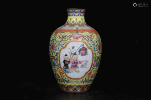 A Chinese Yellow Ground Wucai Porcelain Vase