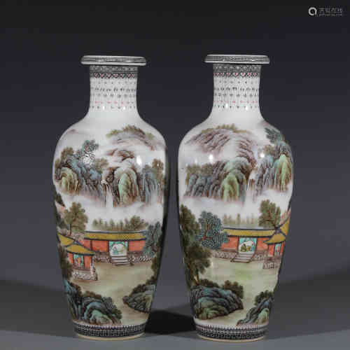 Pair of Chinese Famille-Rose Porcelain Vases
