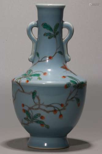 A Chinese Blue Glazed Famille-Rose Porcelain Vase with Double Ears