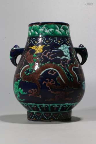 A Chinese Black Ground San-Cai Glazed Porcelain Vase