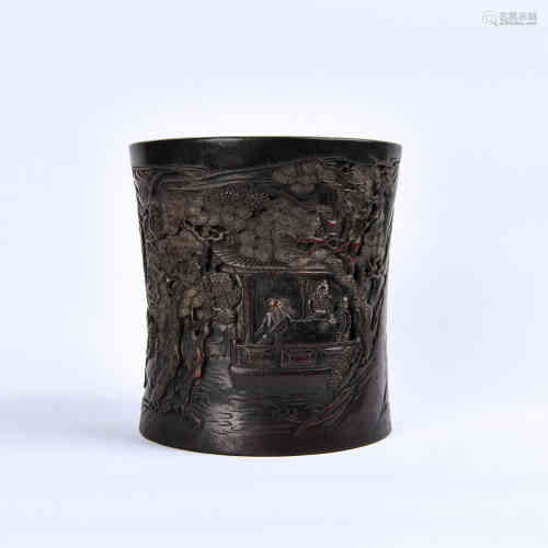 A Chinese Carved Hardwood Brush Pot