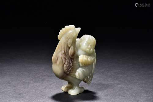 A CELADON JADE 'CHILD AND ROOSTER'