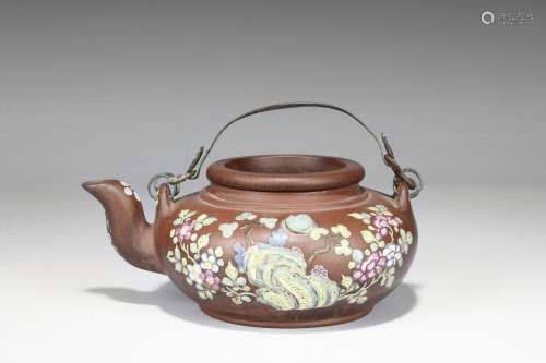 A PAINTED 'PLUM BLOSSOM' YIXING TEAPOT