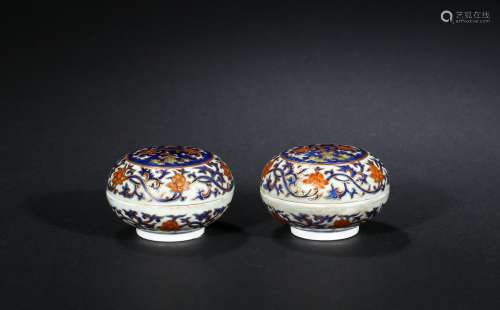 PAIR OF PAINTED PORCELAIN INK PASTE BOXES