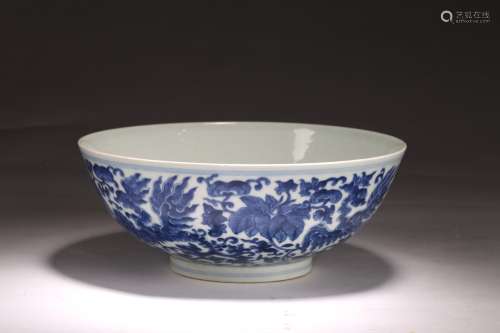 A BLUE AND WHITE GLAZED 'LOTUS AND PHOENIX' BOWL