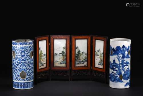 FAMILLE ROSE SCREEN PANEL AND TWO BLUE AND WHITE CYLINDRICAL VASES