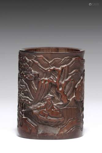 A CARVED FISHERMAN BAMBOO BRUSH POT