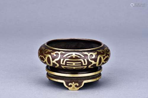 A GOLD INLAID CENSER WITH STAND