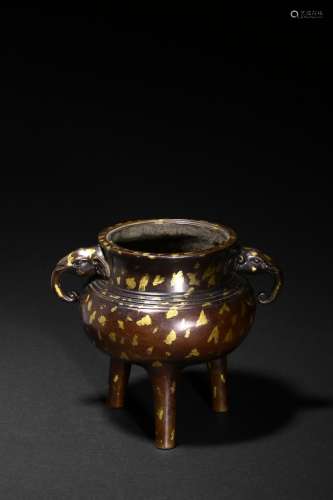 A GILT-SPLASHED BRONZE TRIPOD CENSER