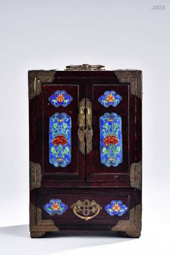 A HONGMU TABLE CABINET WITH CLOISONNE ENAMELLED DECORATION