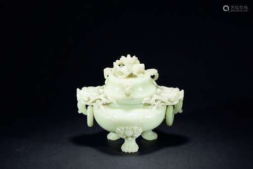 A WHITE JADE 'CHILONG' TRIPOD CENSER